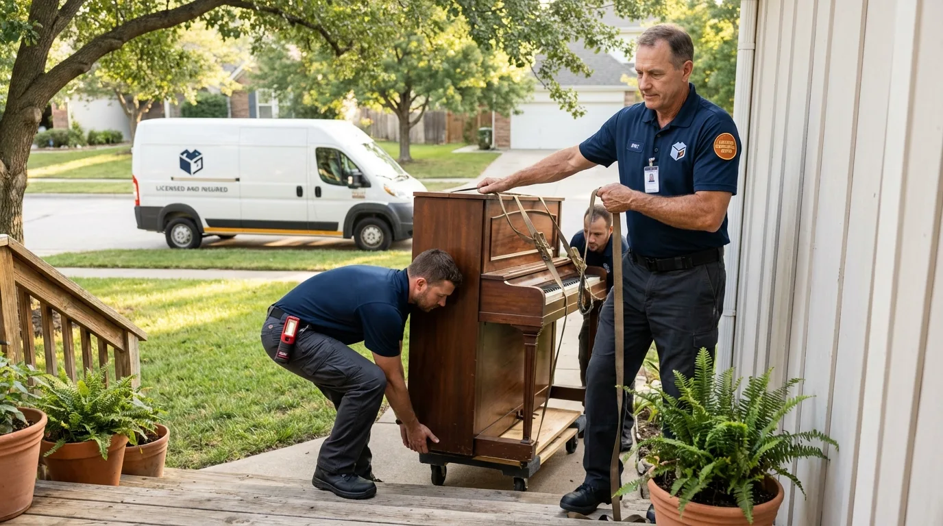 Licensed piano movers securing grand piano in Chevak, AK