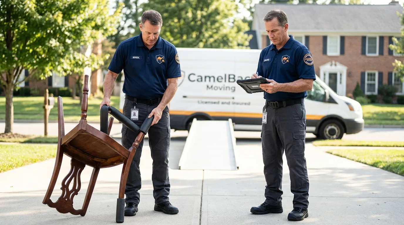 Movers inspecting furniture for damage prevention before loading in Chevak, AK