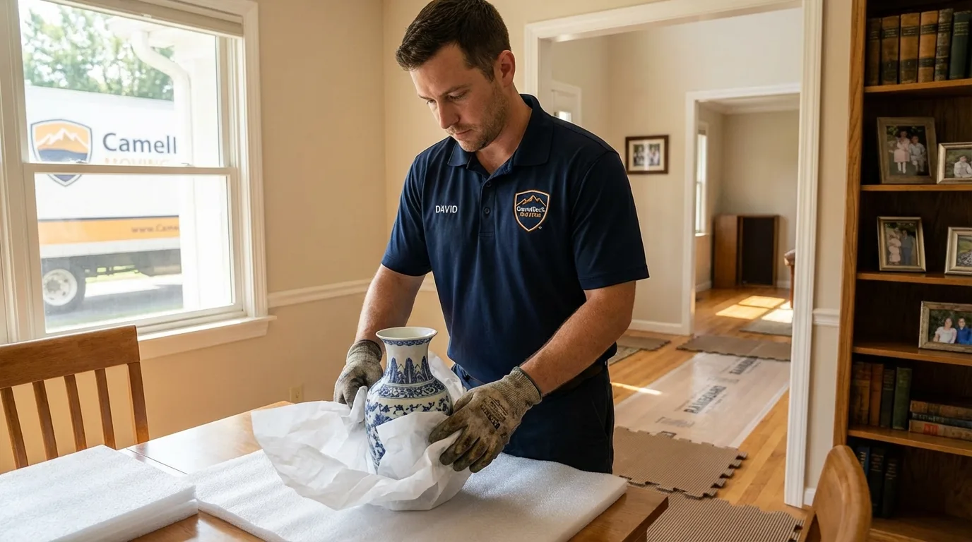 Professional crew carefully wrapping antique vase for senior downsizing move in Chevak, AK
