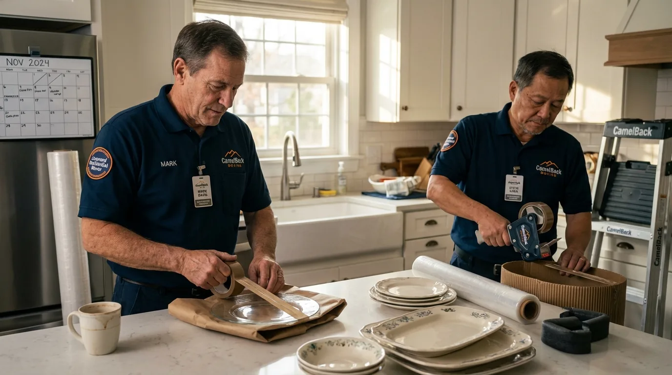Professional crew packing kitchen dishware in Chevak, AK